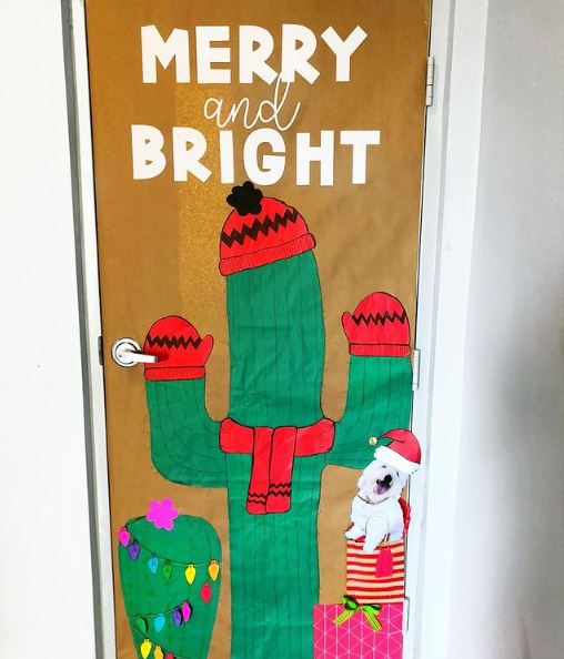 Merry and Bright Christmas cactus decoration for a classroom door