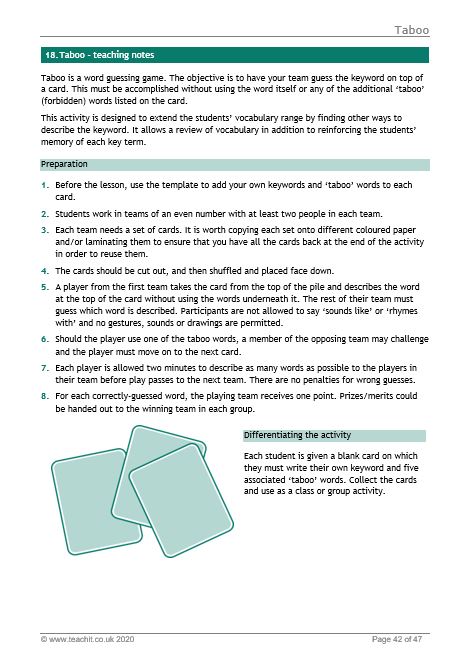 Teachit 'taboo' classroom game